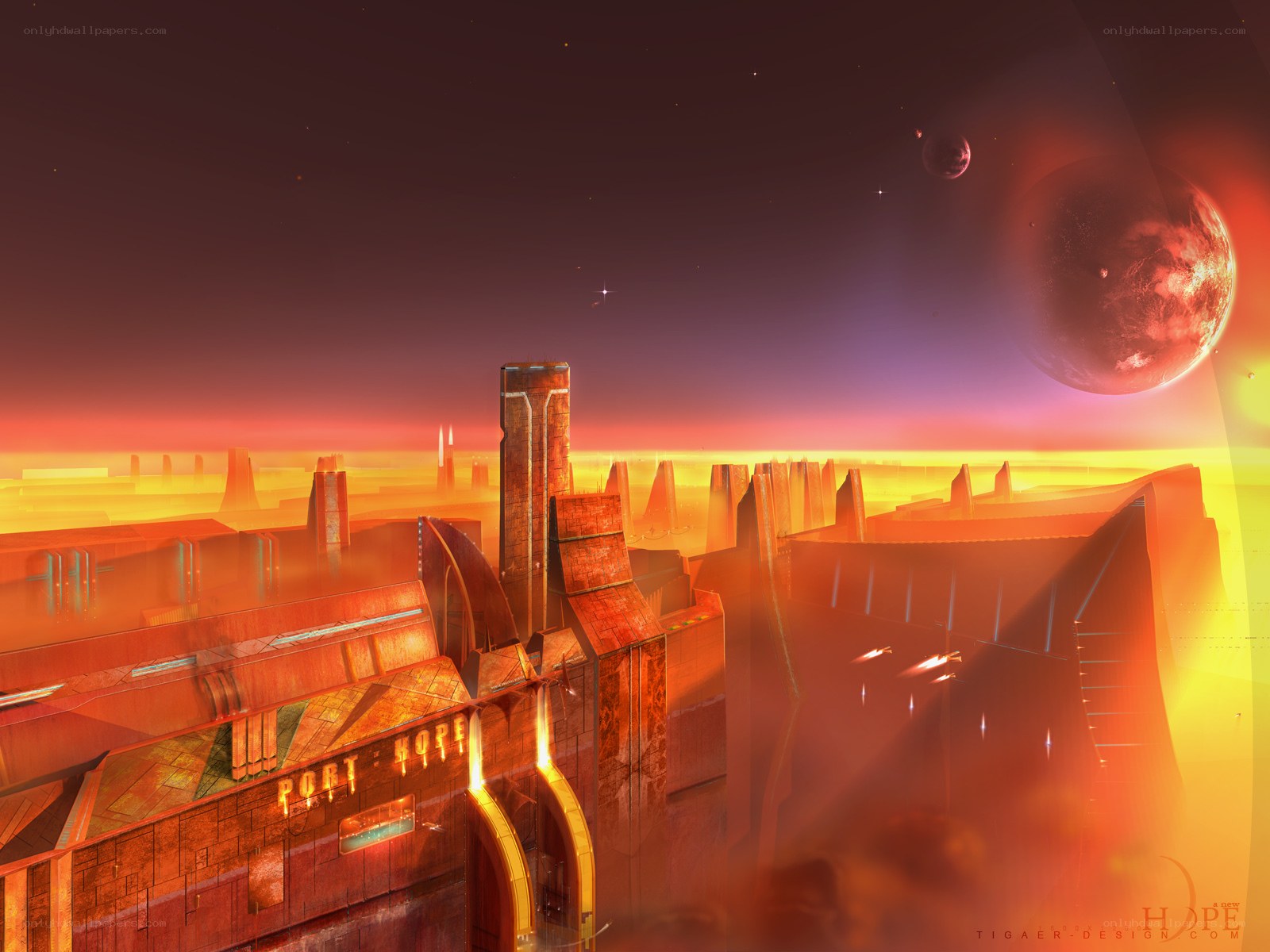 futuristic cityscape at sunset