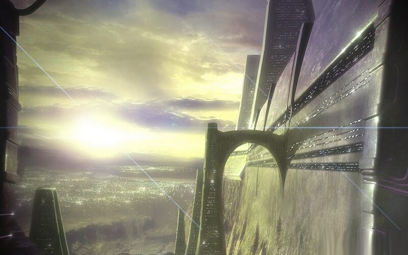 futuristic cityscape at sunset