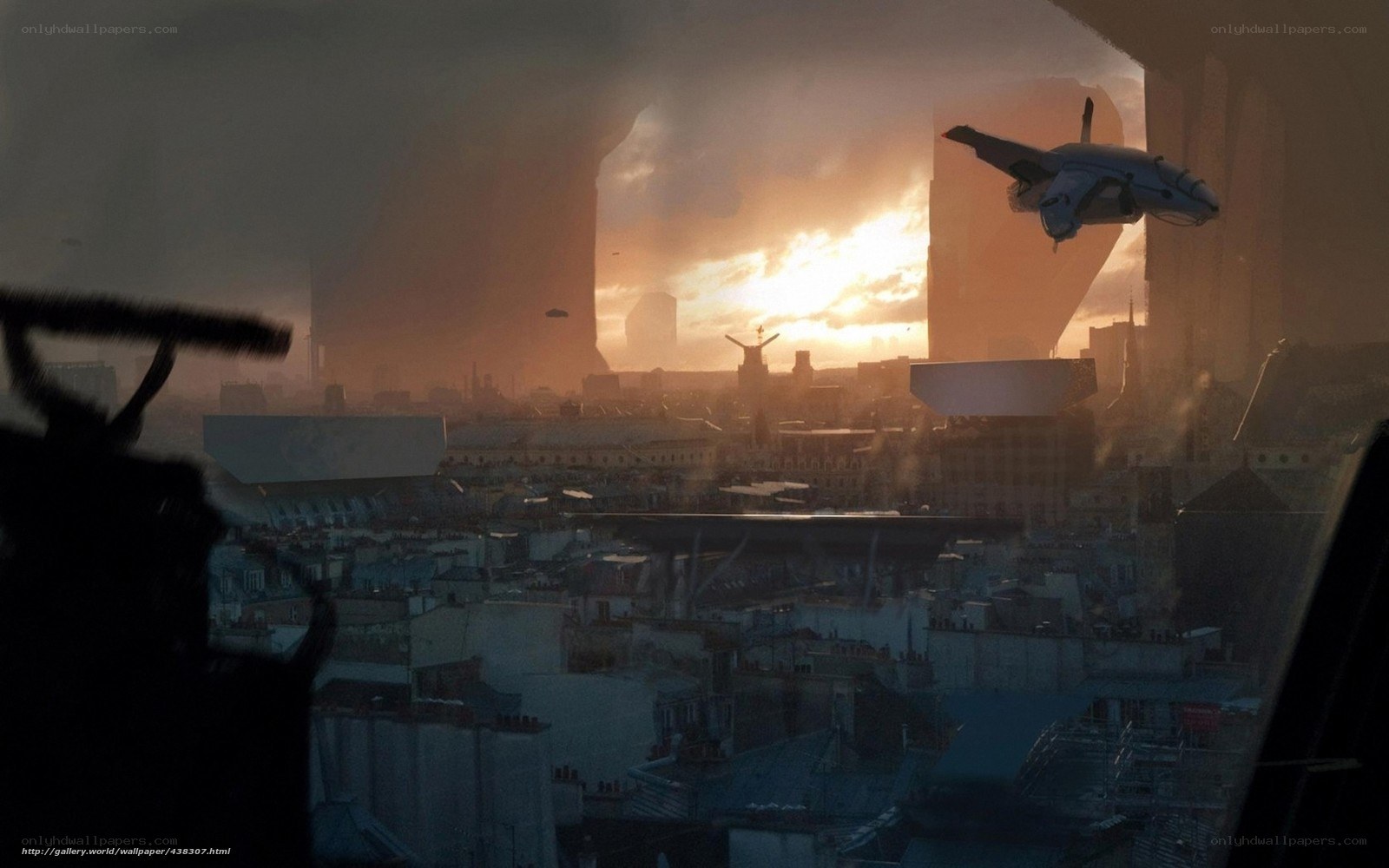 futuristic cityscape at sunset
