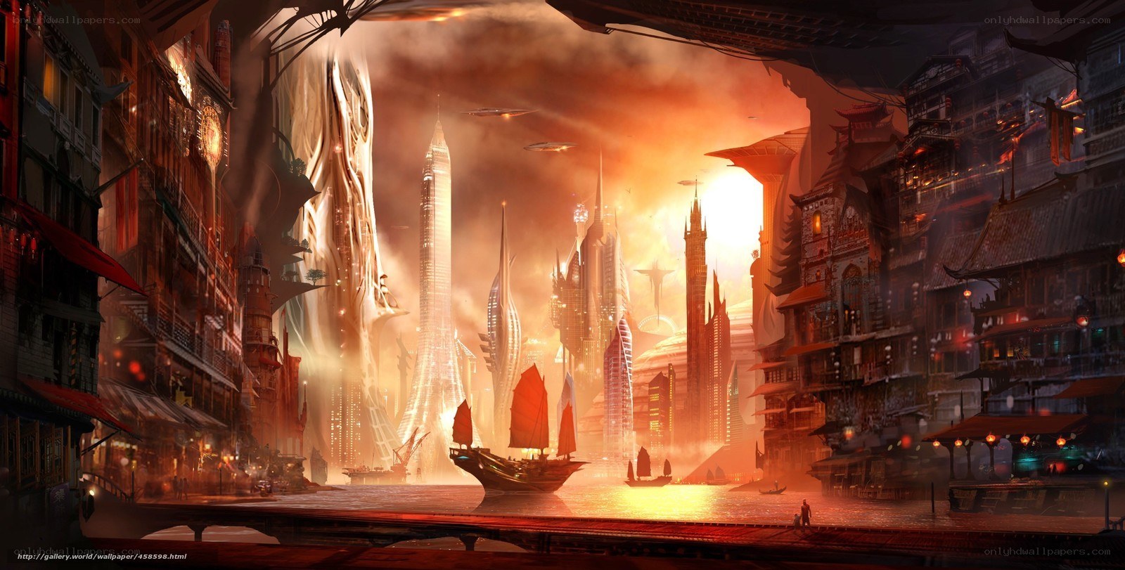 futuristic cityscape at sunset