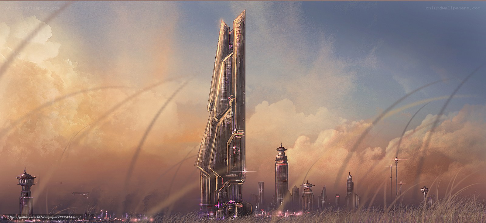 Futuristic cityscape at sunset