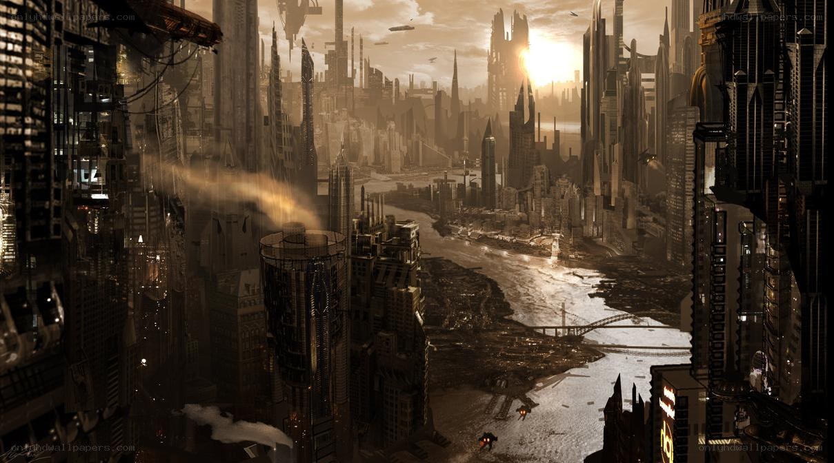 futuristic cityscape at sunset
