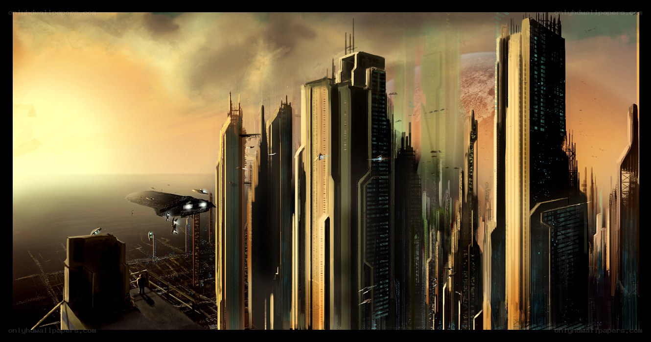 futuristic cityscape at sunset