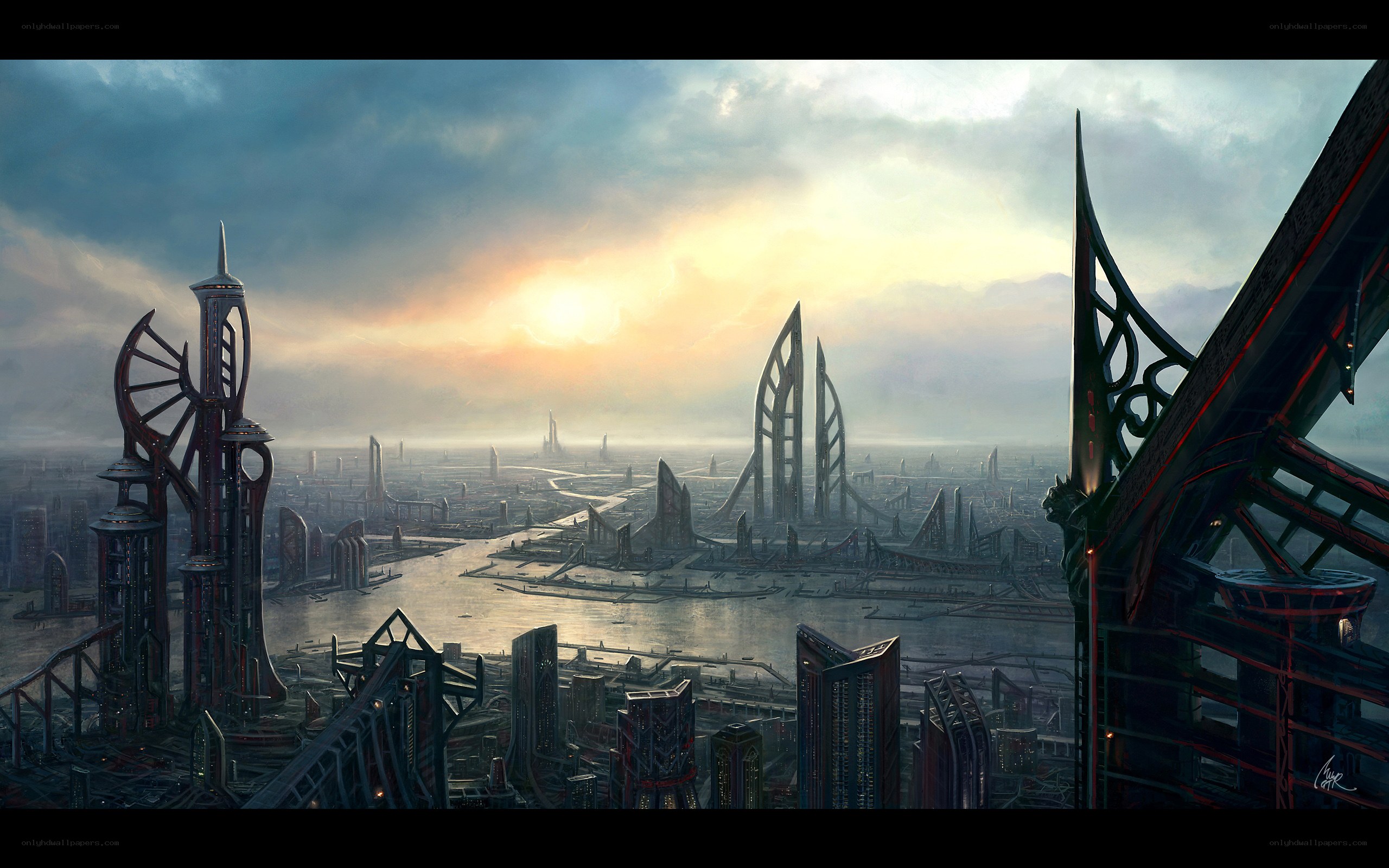 futuristic cityscape at sunset