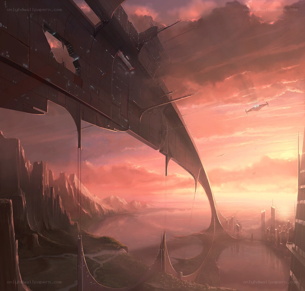 futuristic cityscape at sunset