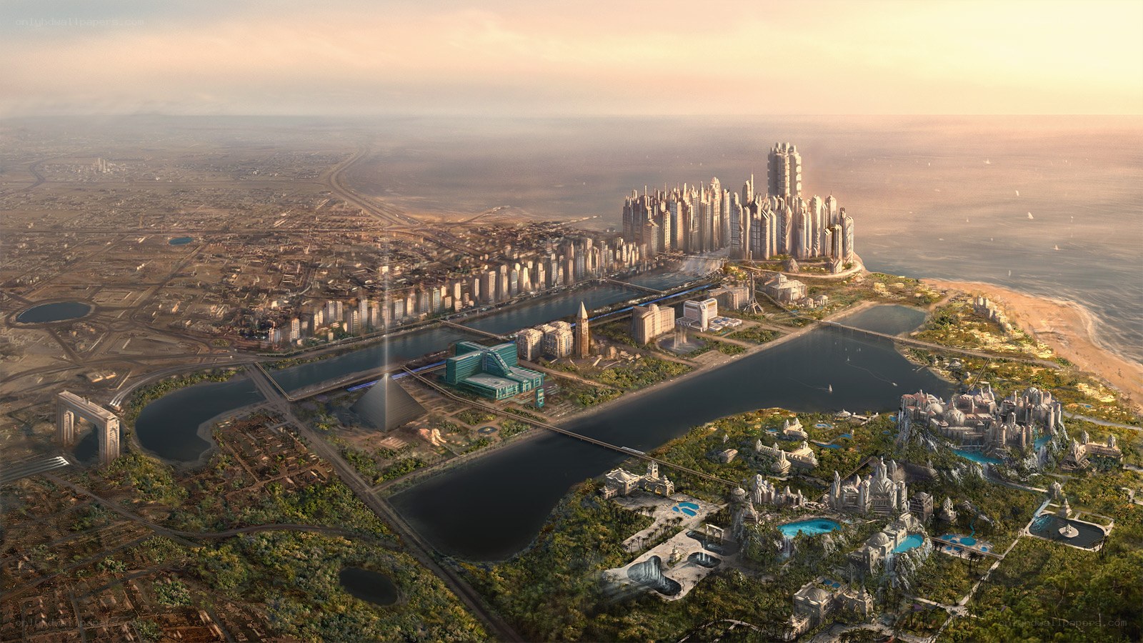futuristic cityscape at sunset