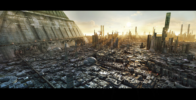 futuristic cityscape at sunset