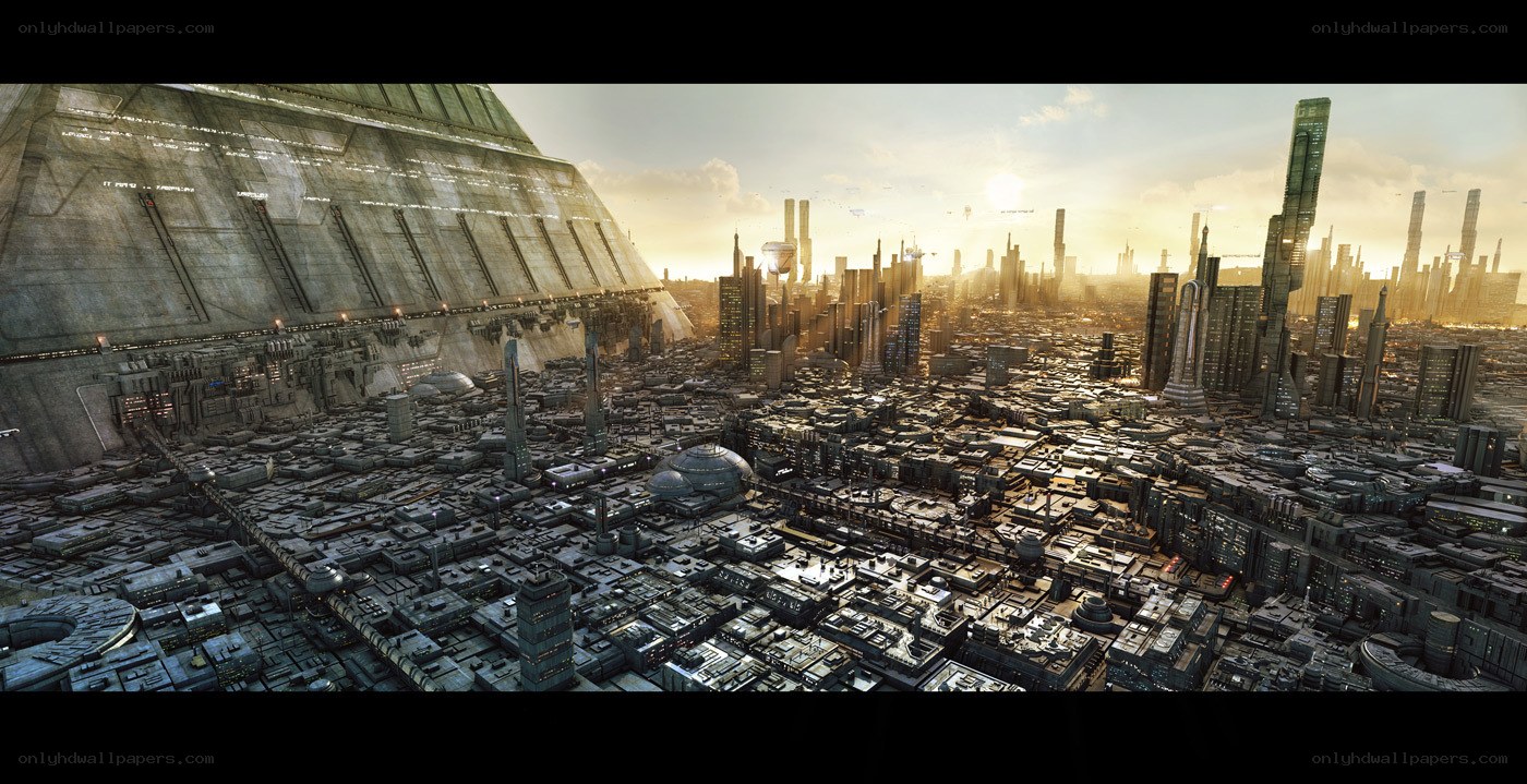 futuristic cityscape at sunset