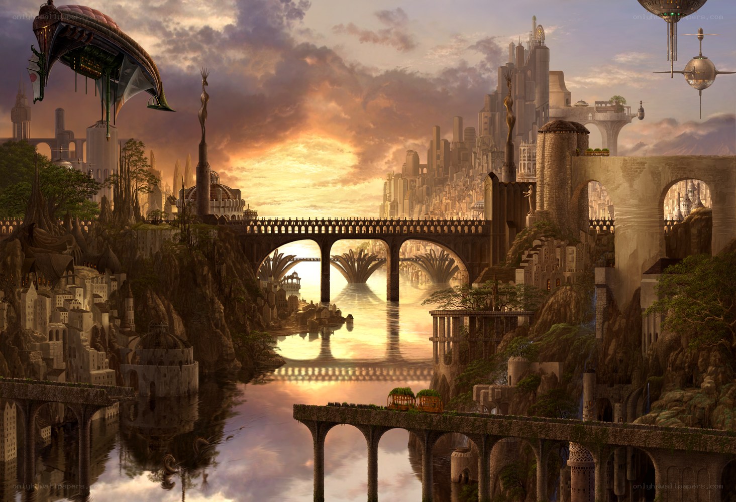 futuristic cityscape at sunset