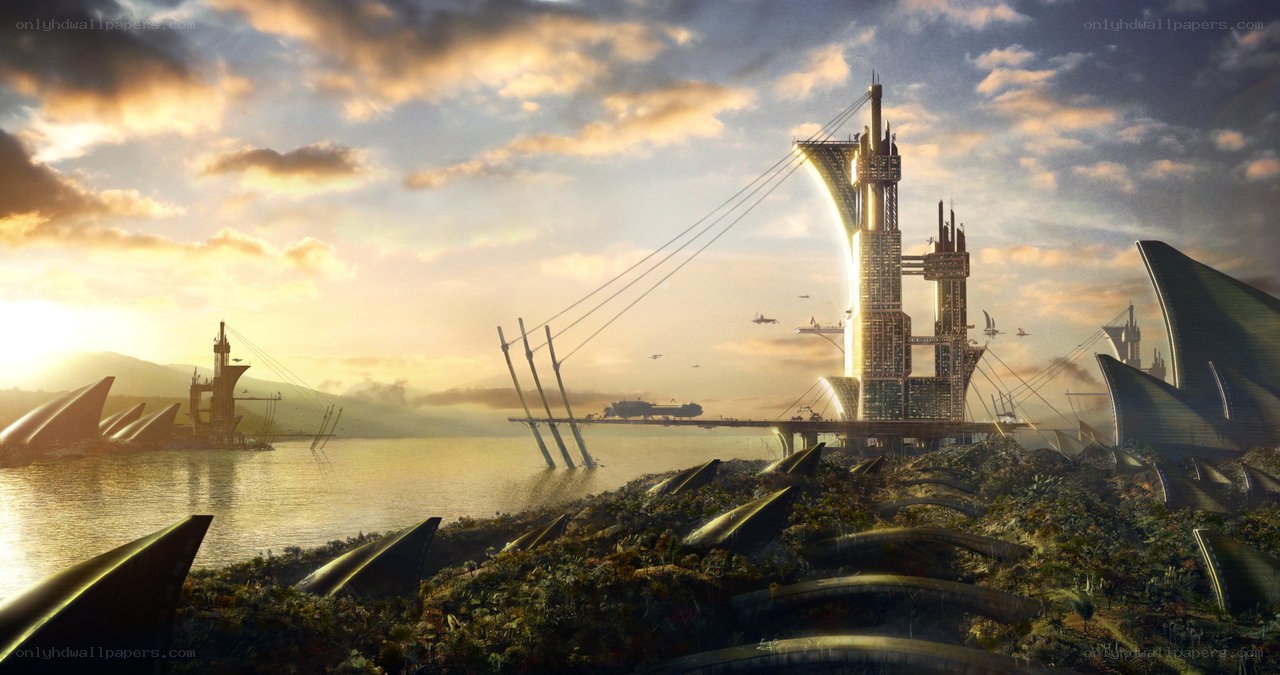 futuristic cityscape at sunset