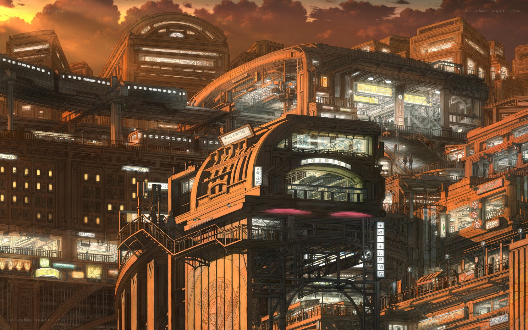 futuristic cityscape at sunset