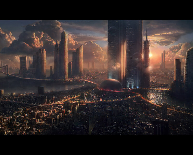 futuristic cityscape at sunset