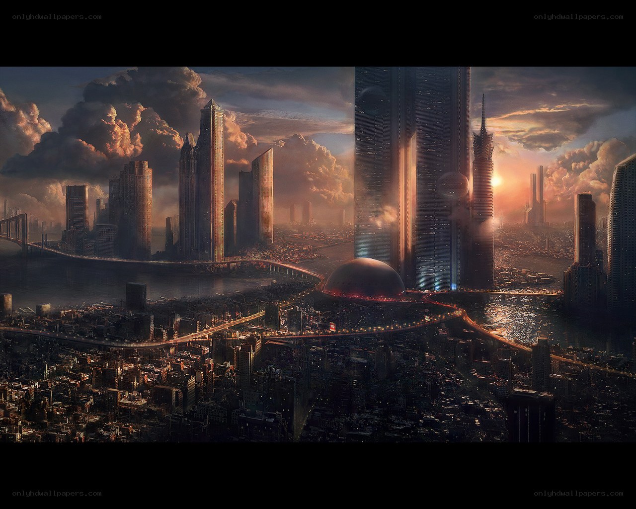 futuristic cityscape at sunset
