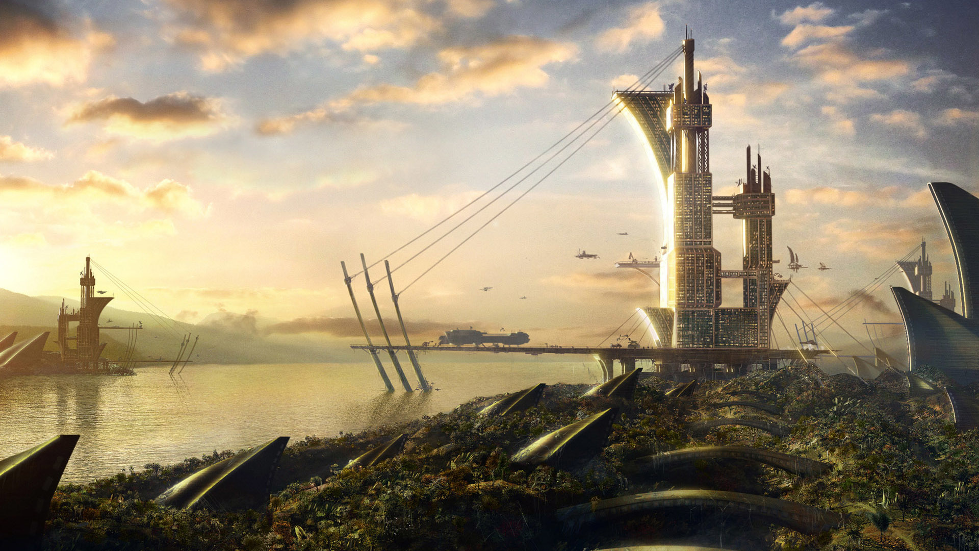 futuristic cityscape at sunset