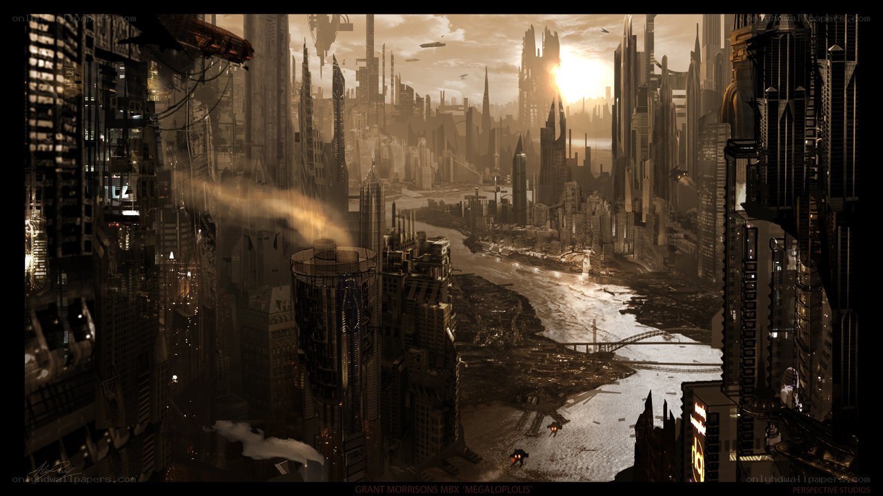 Futuristic cityscape at sunset