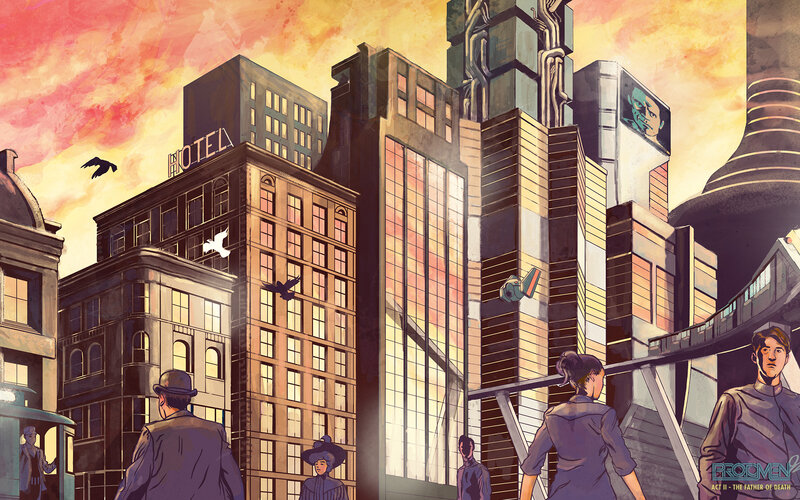 futuristic cityscape at sunset