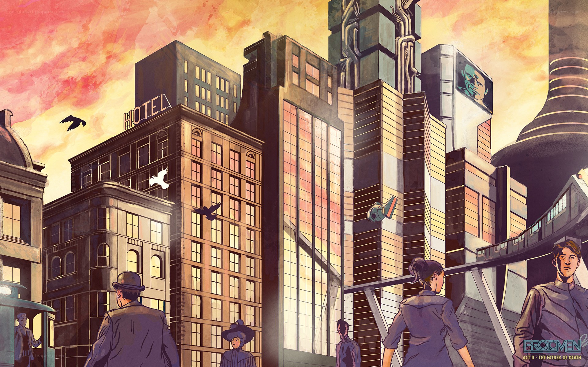 futuristic cityscape at sunset