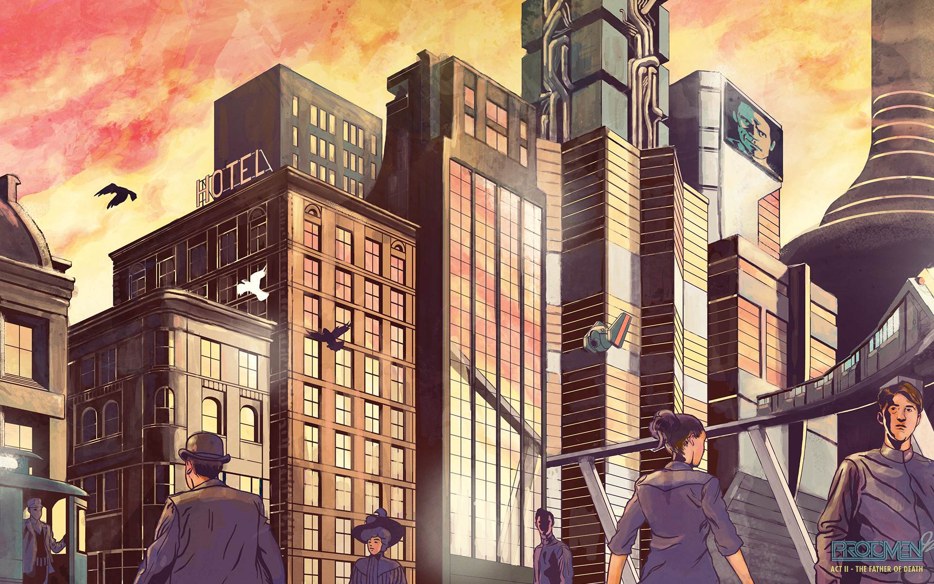 futuristic cityscape at sunset