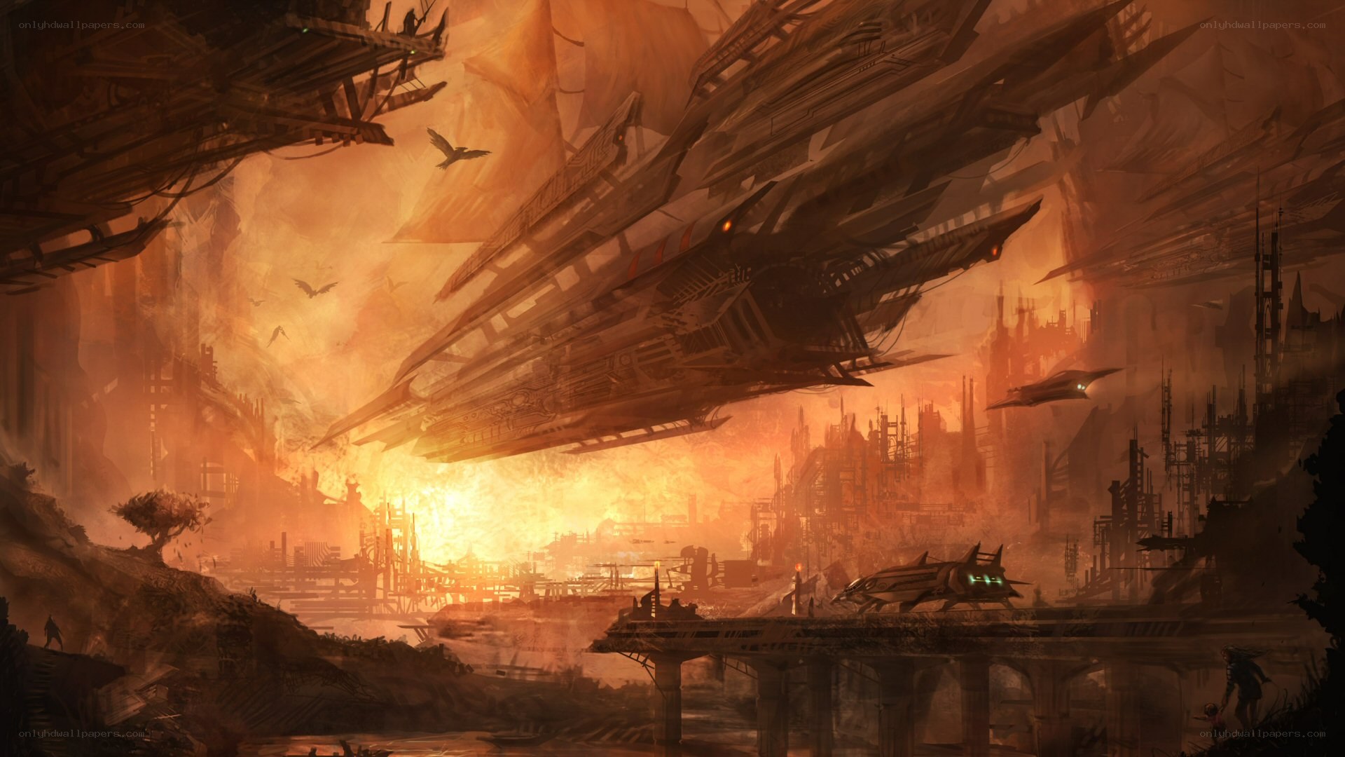 futuristic cityscape at sunset