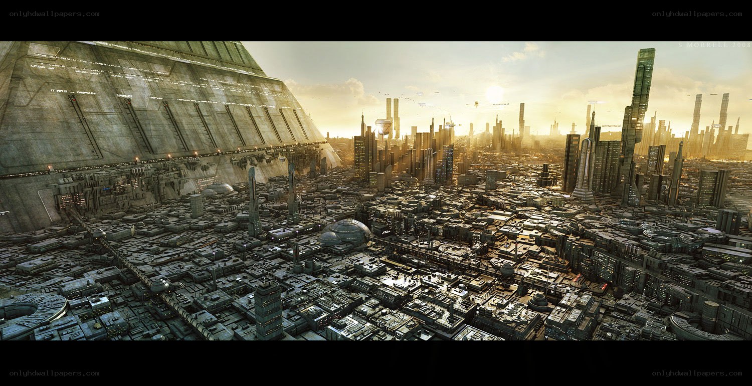 futuristic cityscape at sunset