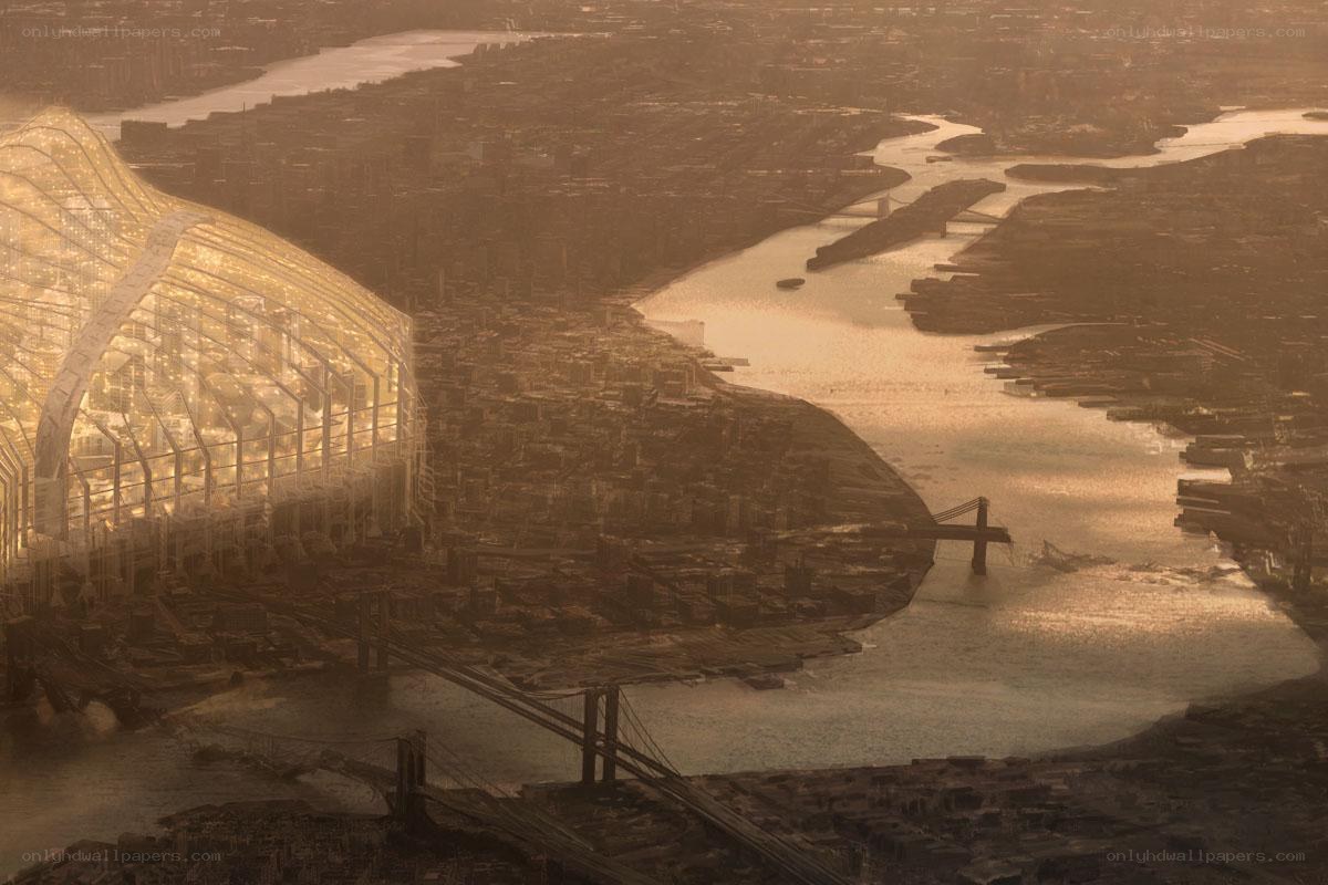 futuristic cityscape at sunset