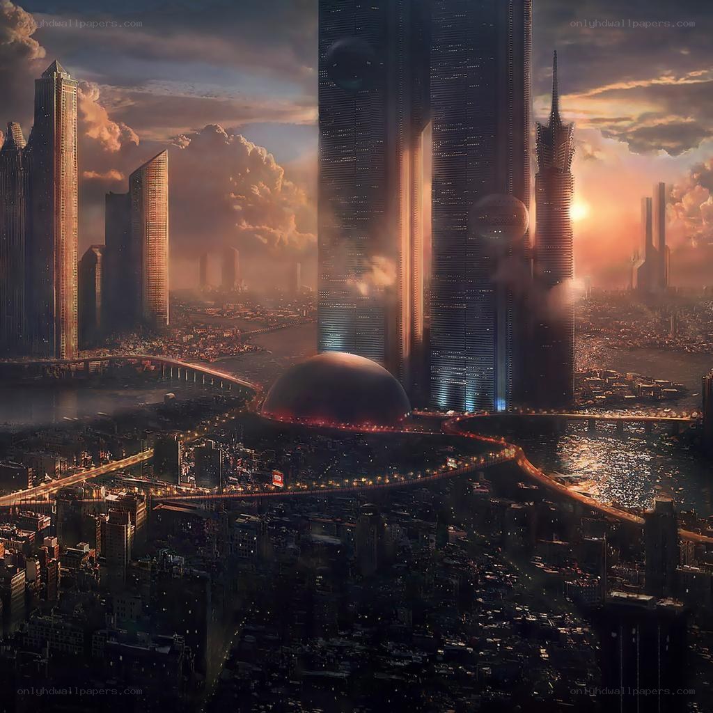 futuristic cityscape at sunset