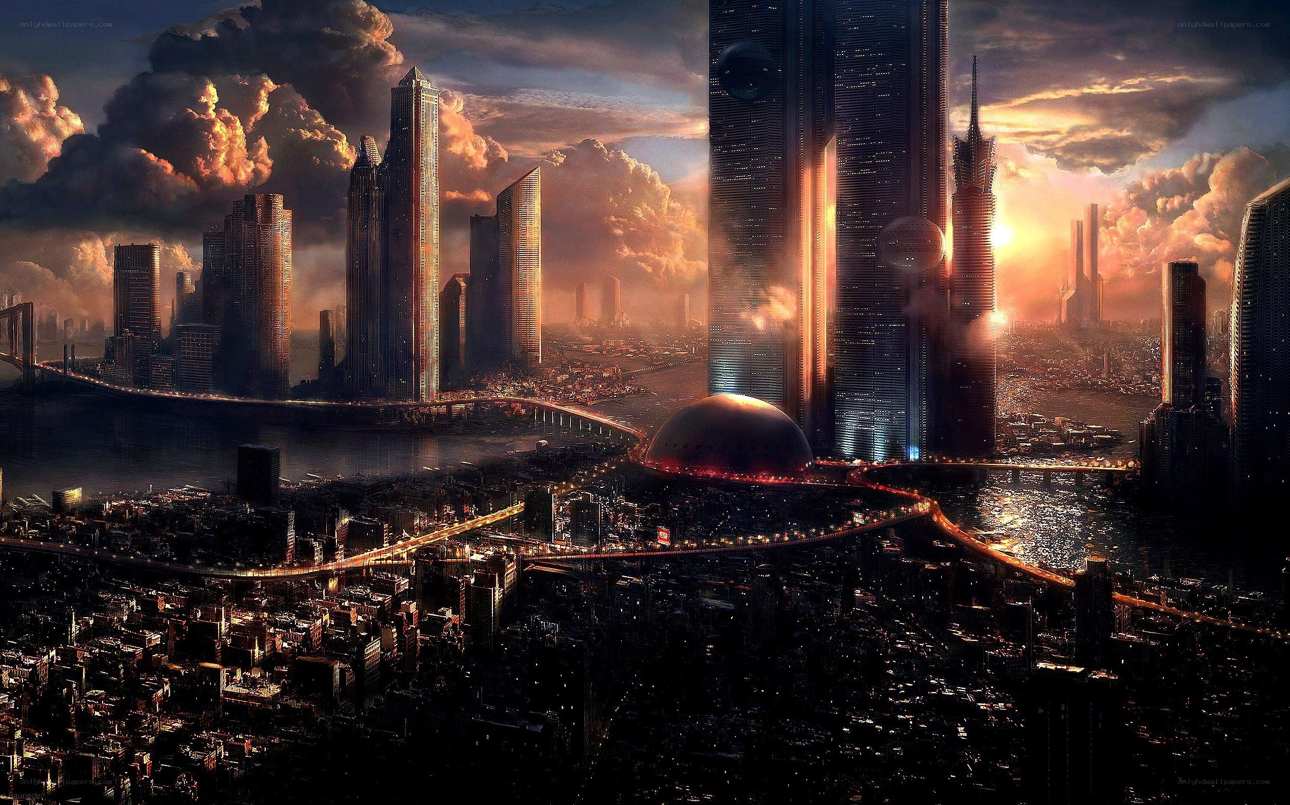 futuristic cityscape at sunset