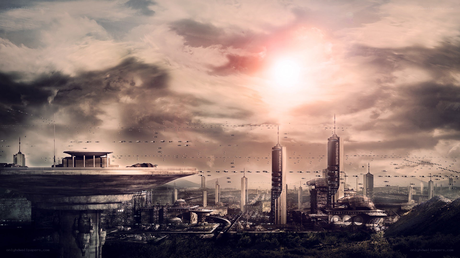futuristic cityscape at sunset