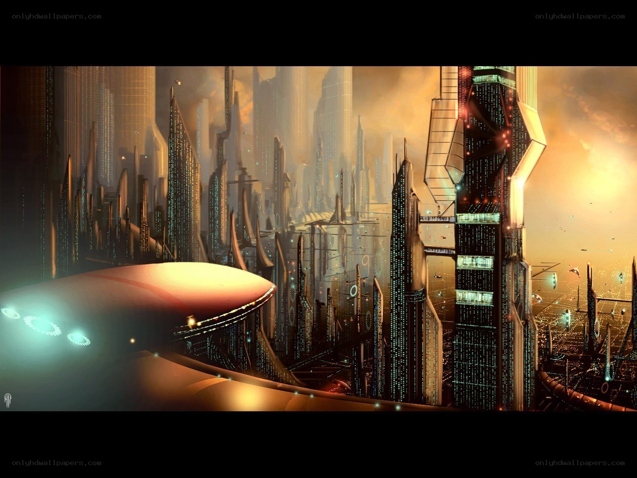 futuristic cityscape at sunset