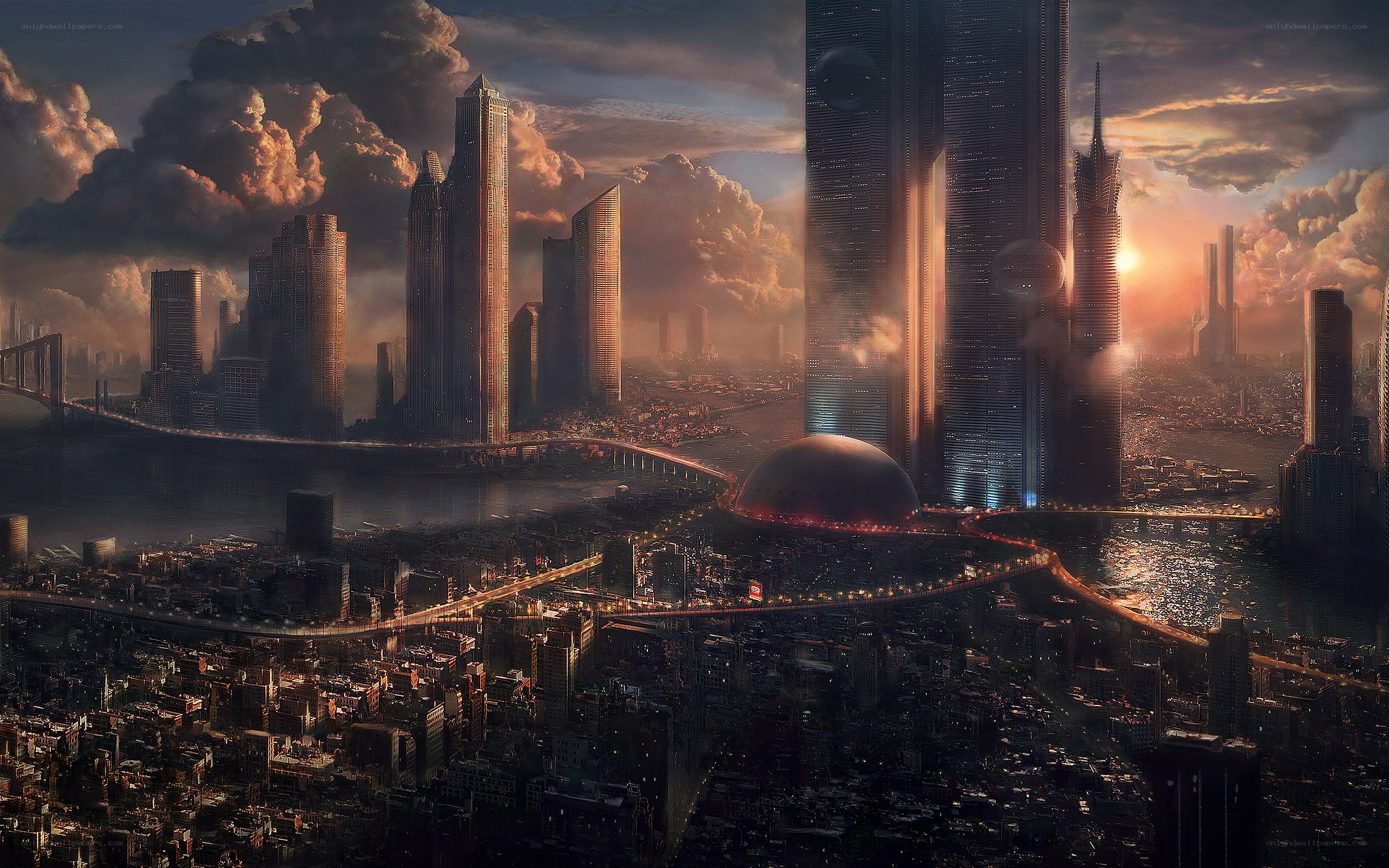 futuristic cityscape at sunset