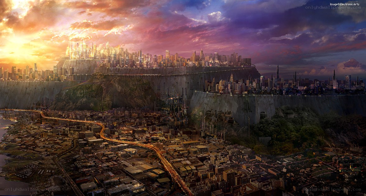 Futuristic cityscape at sunset