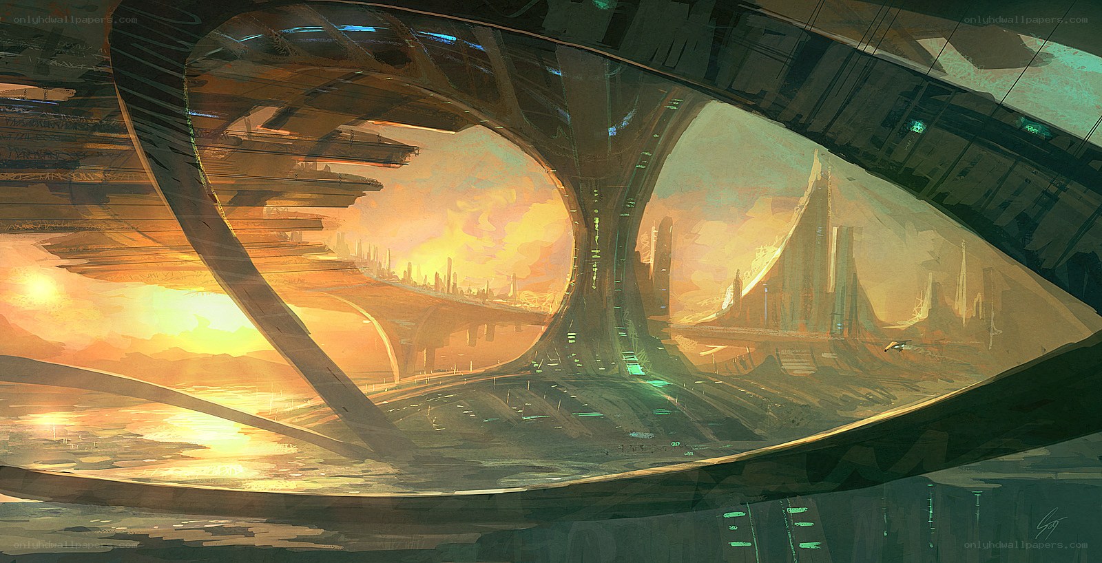 futuristic cityscape at sunset