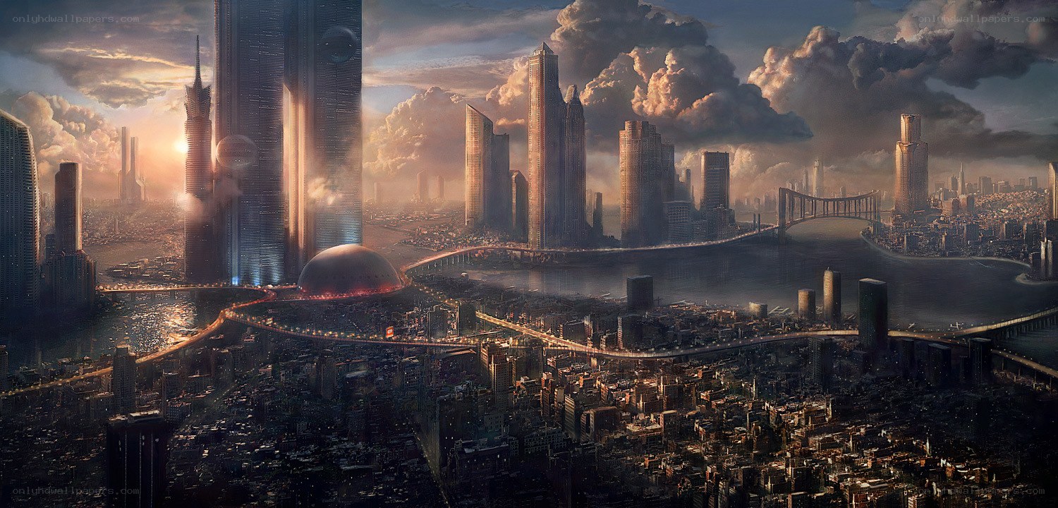 futuristic cityscape at sunset