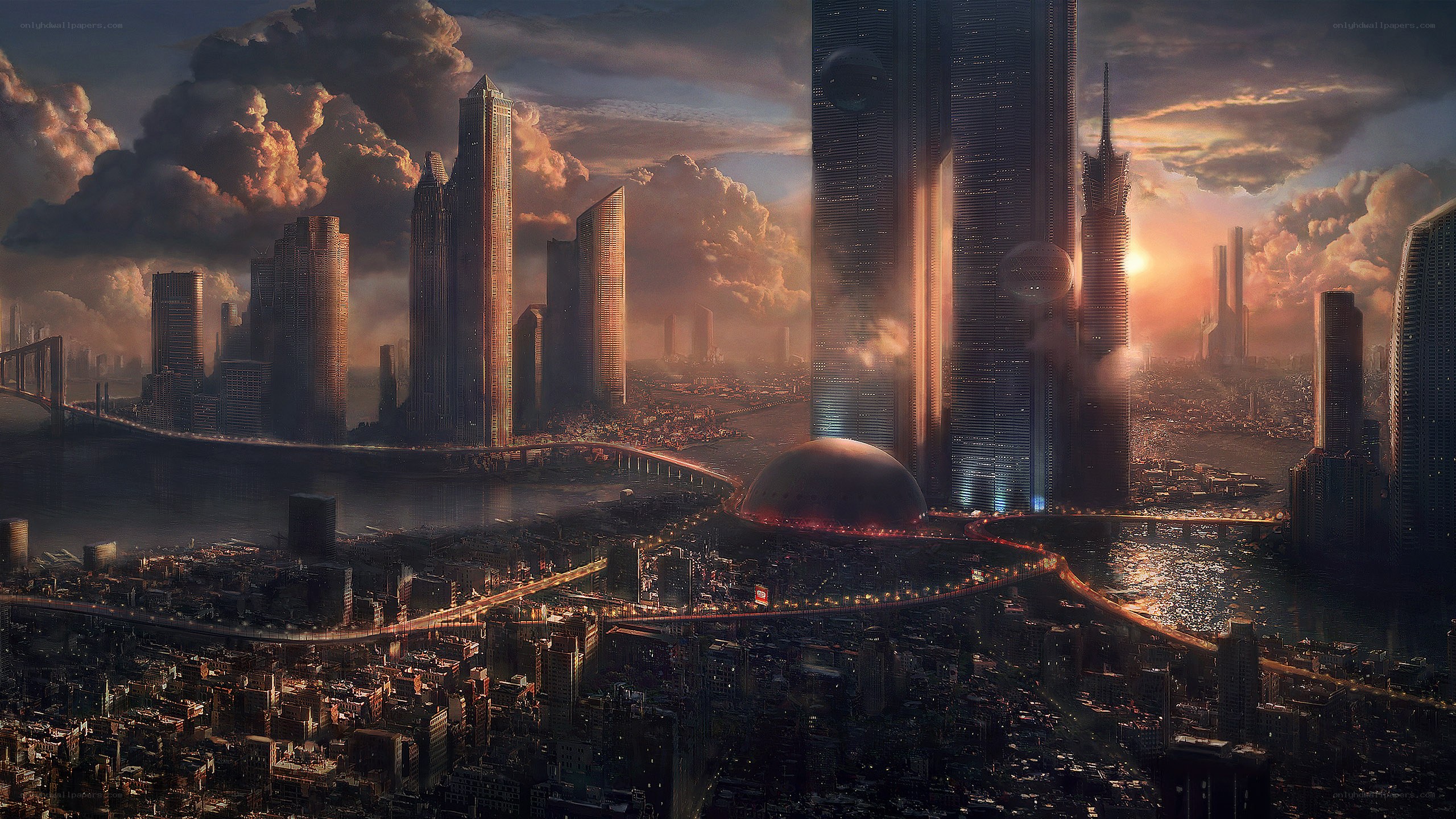 futuristic cityscape at sunset
