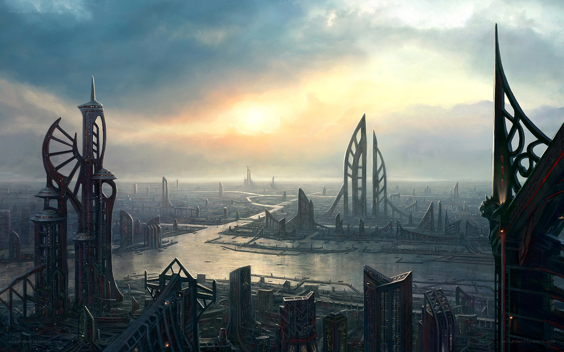 futuristic cityscape at sunset