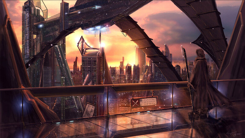 futuristic cityscape at sunset