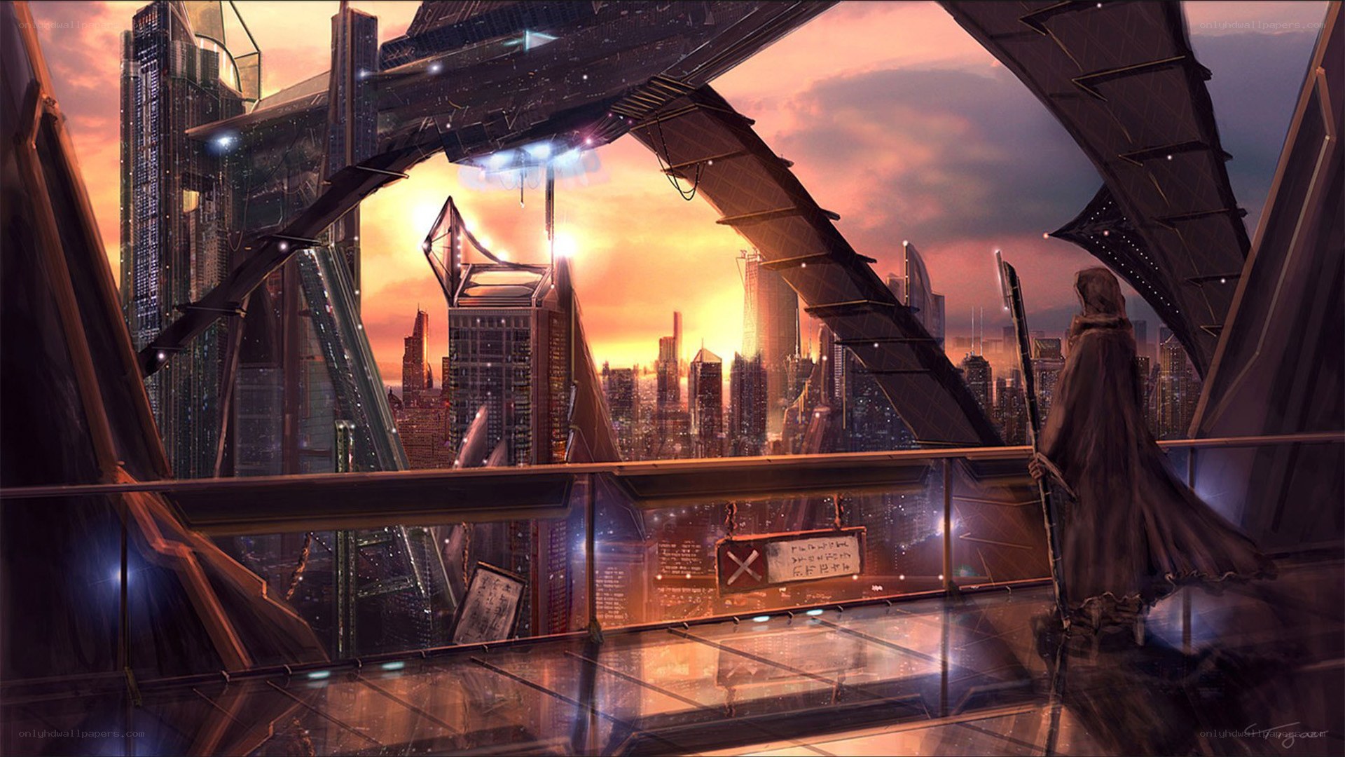 futuristic cityscape at sunset