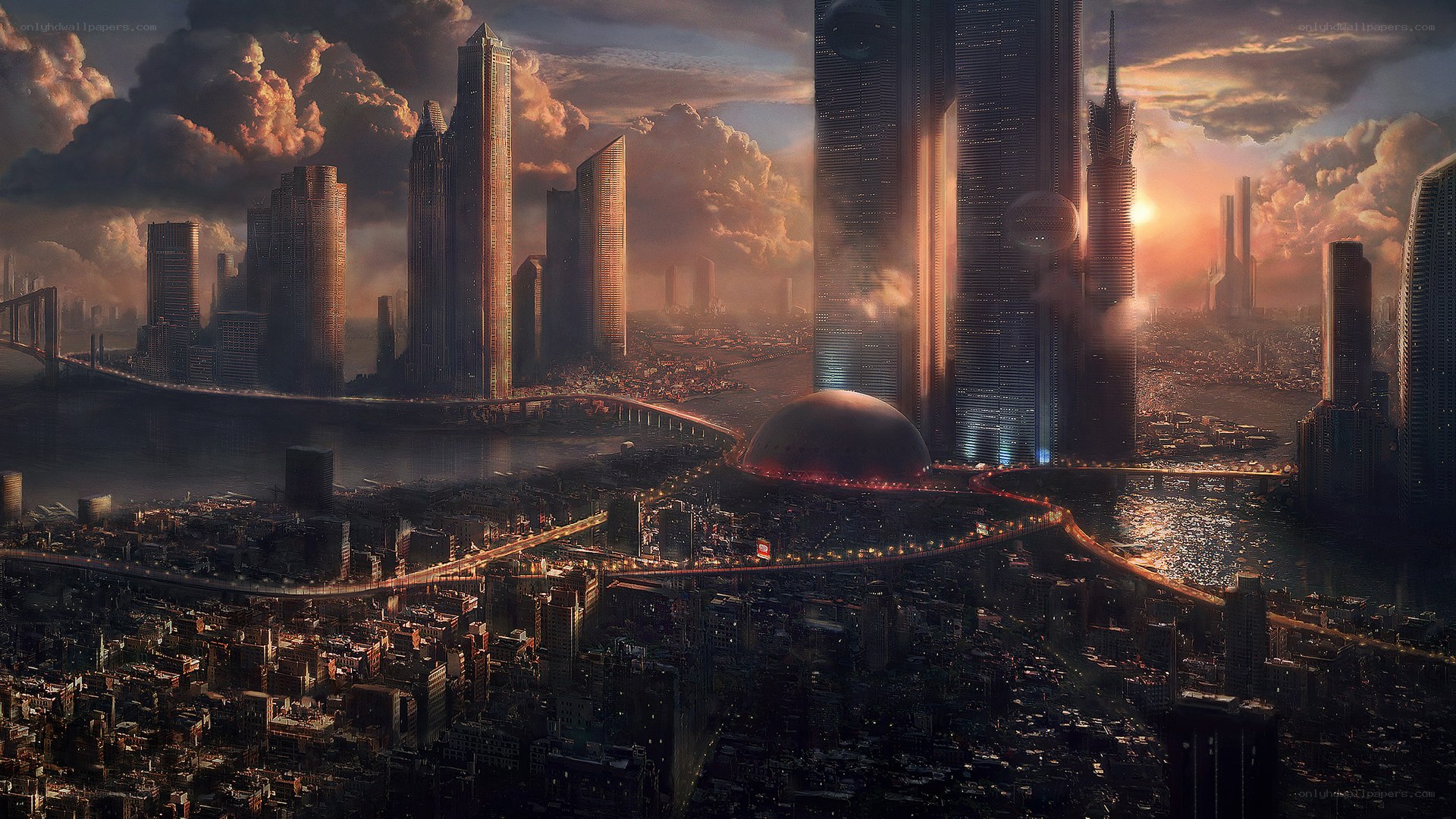 futuristic cityscape at sunset
