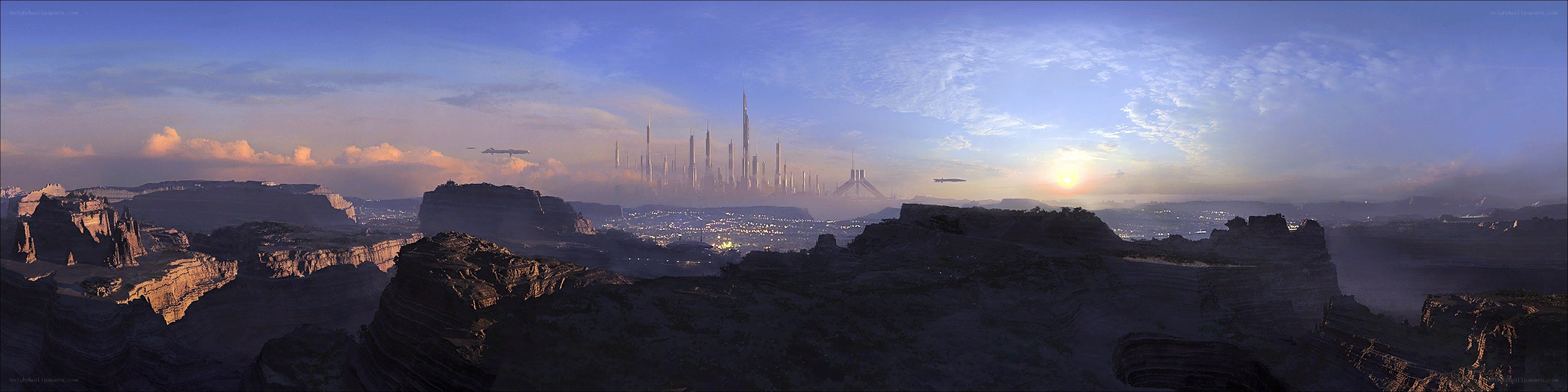 futuristic cityscape at sunset