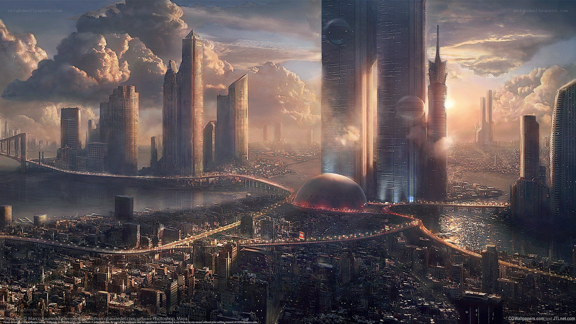 futuristic cityscape at sunset