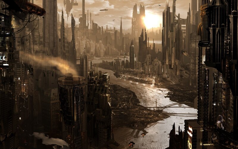 futuristic cityscape at sunset