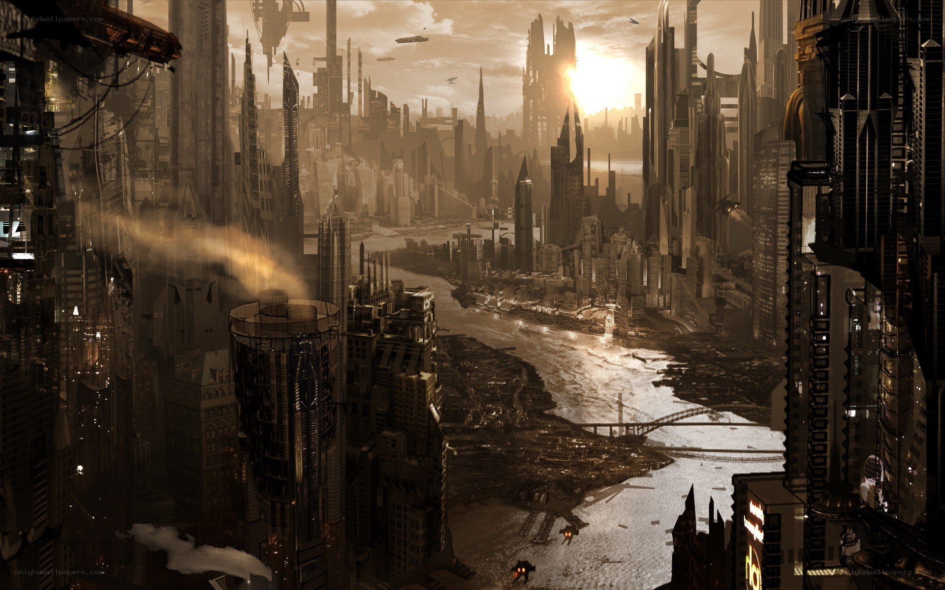 futuristic cityscape at sunset