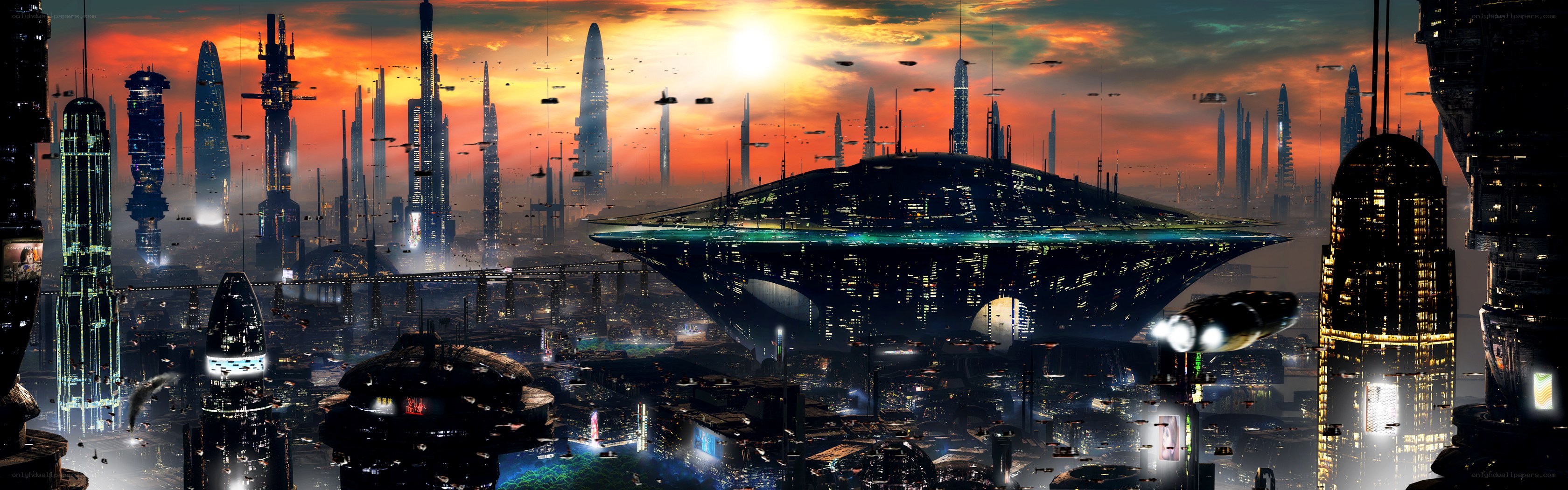 futuristic cityscape at sunset