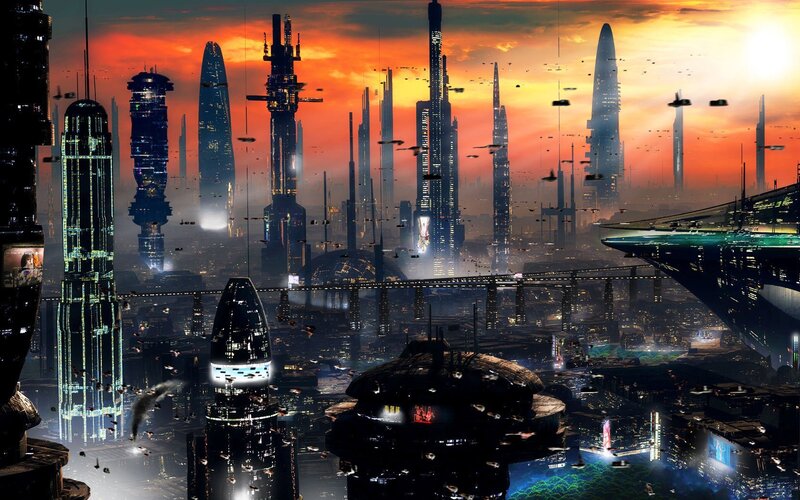 futuristic cityscape at sunset