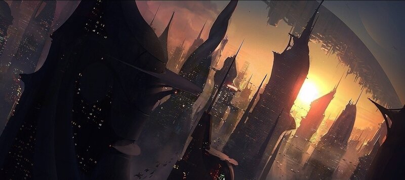 futuristic cityscape at sunset