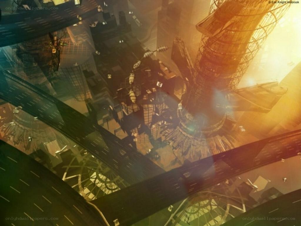 futuristic cityscape at sunset
