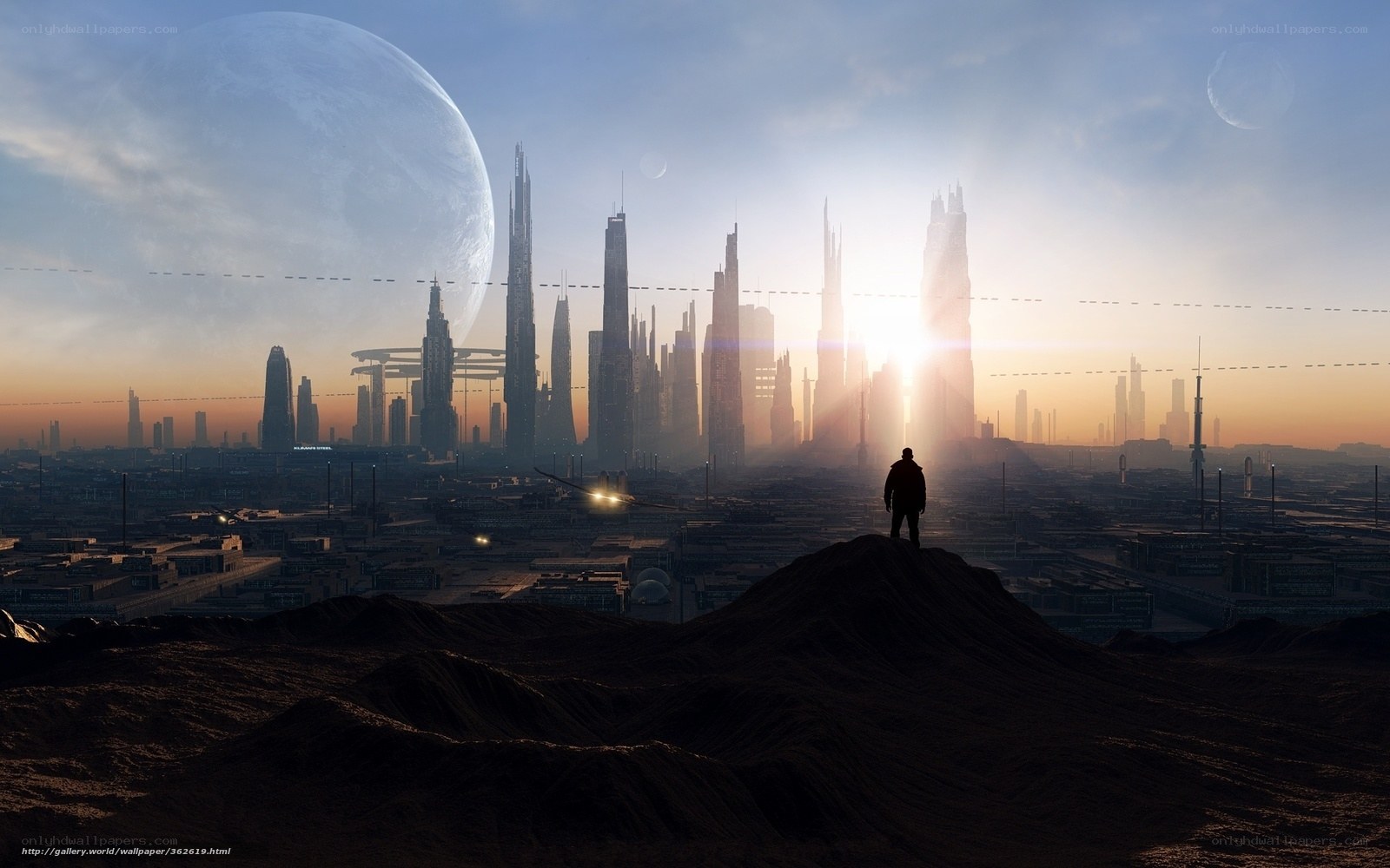 Futuristic cityscape at sunset