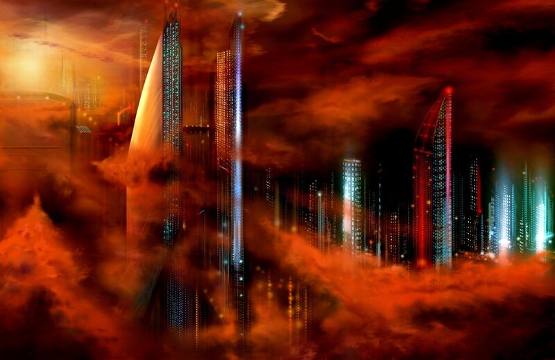 futuristic cityscape at sunset
