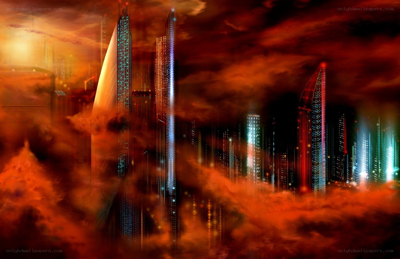 futuristic cityscape at sunset