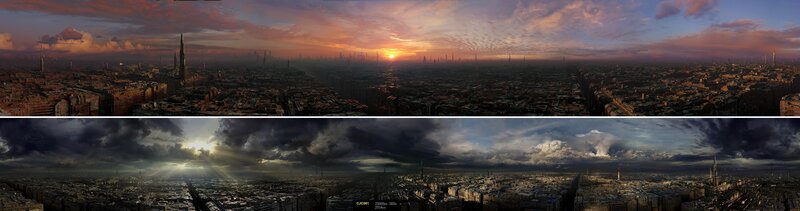 futuristic cityscape at sunset